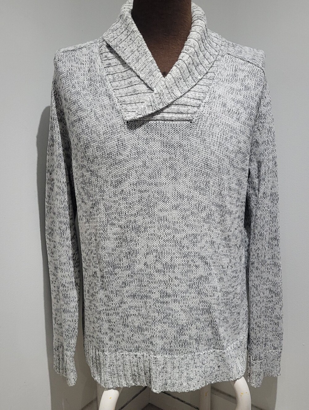 Attitude Men's Cotton Blend Shawl Collar Gray Marled Sweater Large Fall Layers